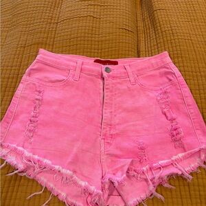 AKIRA Vibrant Pink Frayed Jean Shorts